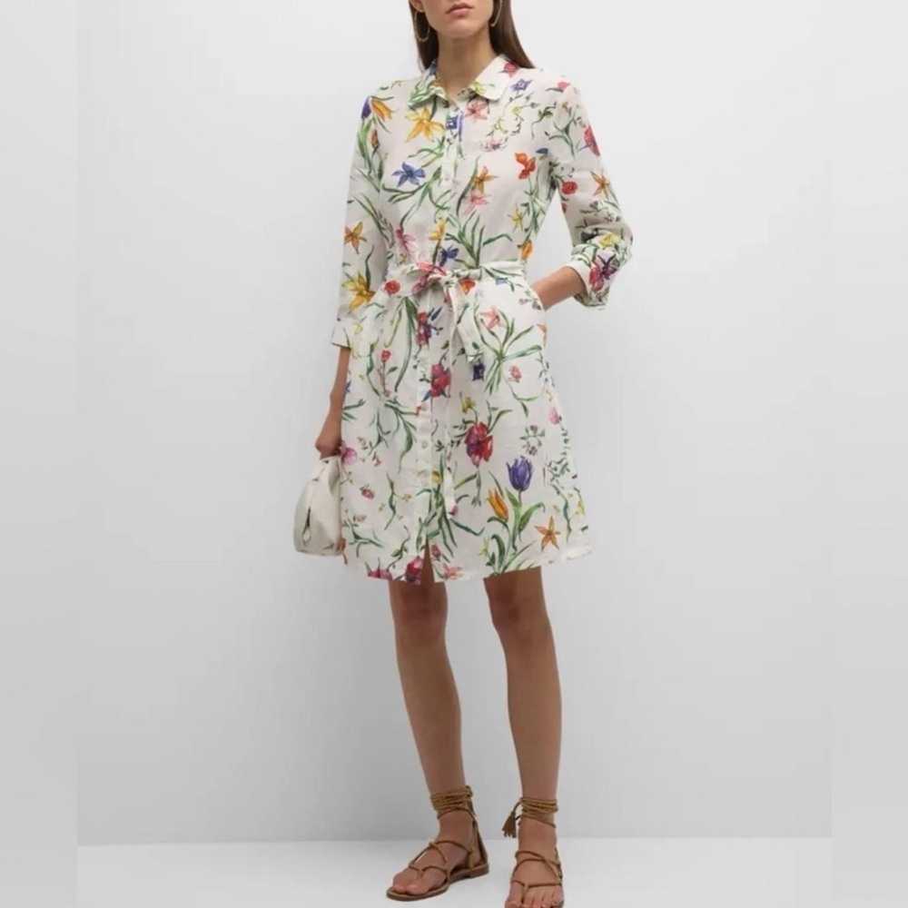 120% Lino Wildflower Linen Shirt Dress Belted Botanical Print XXS NWT - Picture 2 of 9